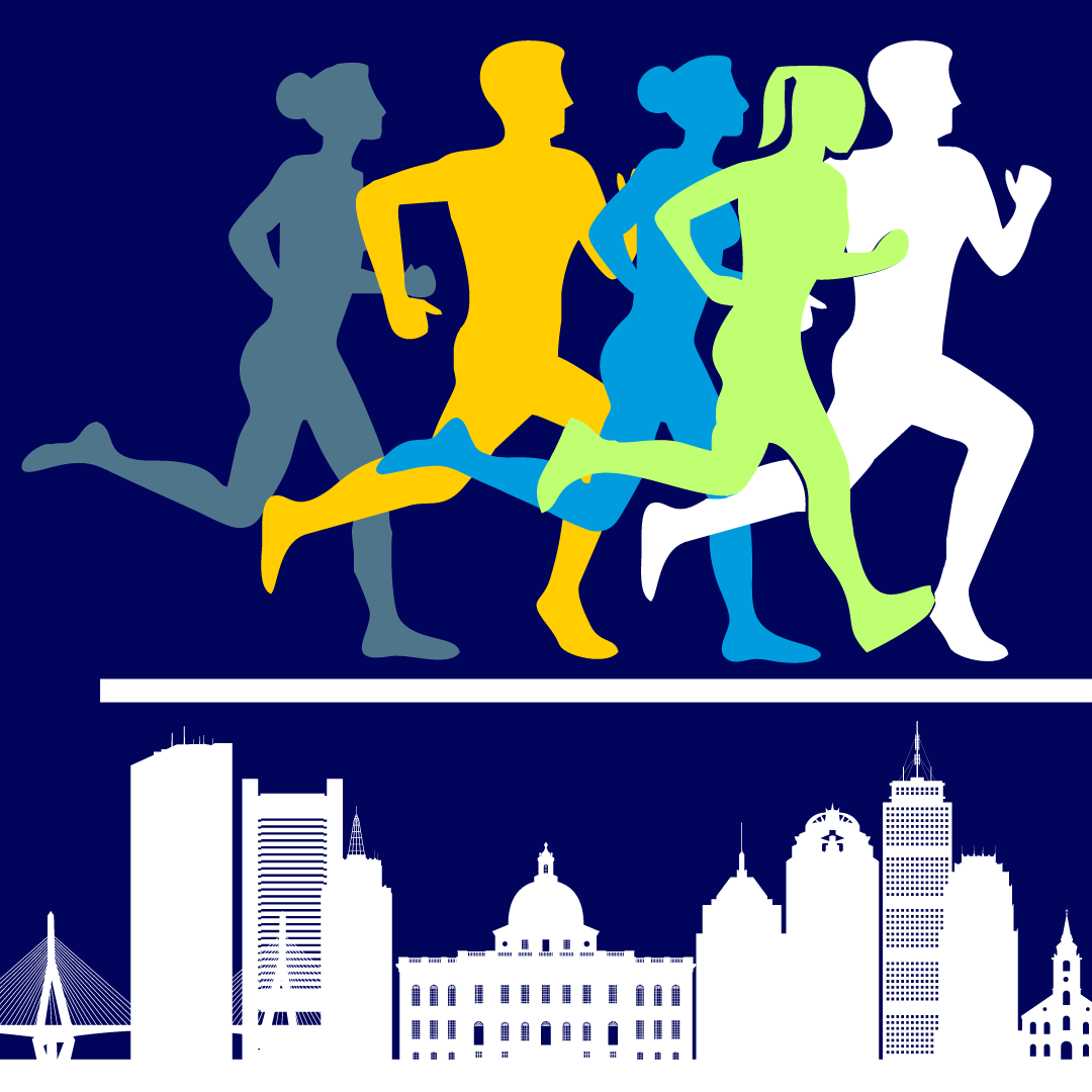 Colorful graphic of 5 runners running above the silhouette of the Boston skyline